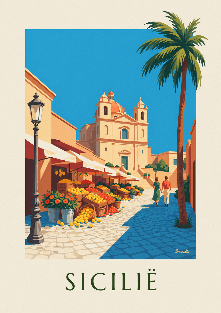 Poster Siciliaanse markt met citroenen, sinaasappels en bloemen
