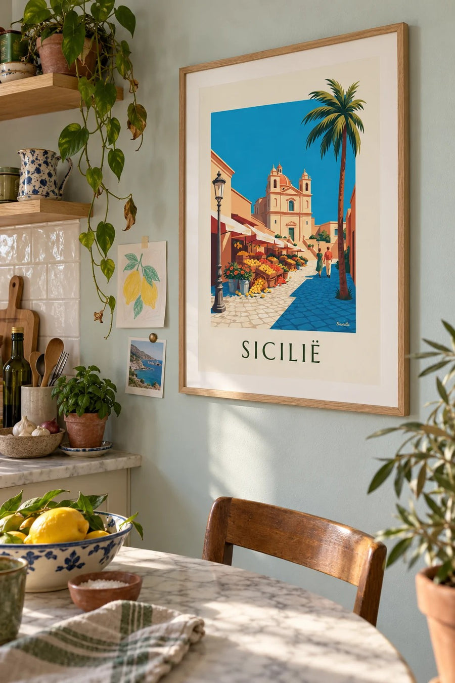 Poster Siciliaanse markt met citroenen, sinaasappels en bloemen: ingelijst aan de muur