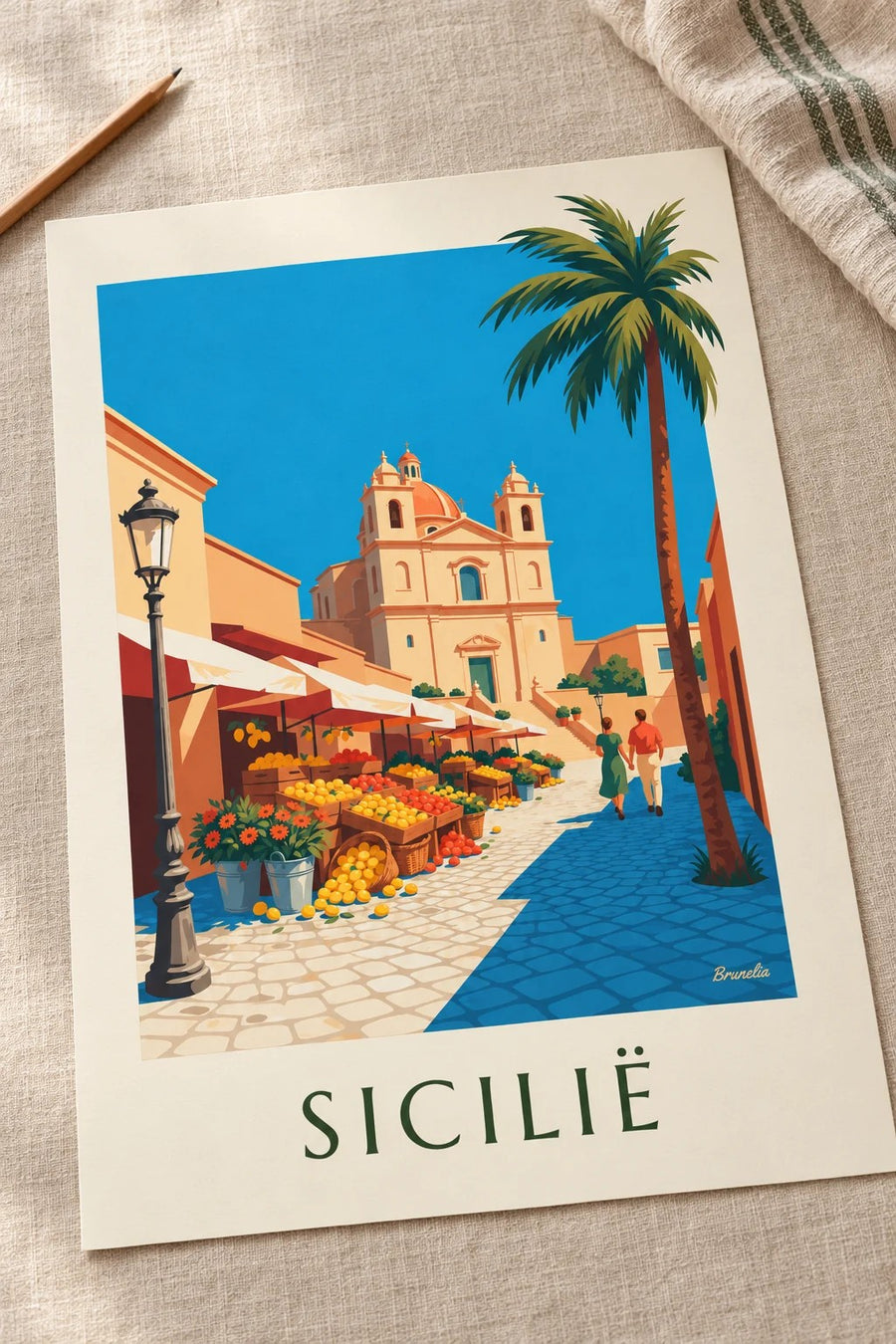Poster Siciliaanse markt met citroenen, sinaasappels en bloemen: op een tafel