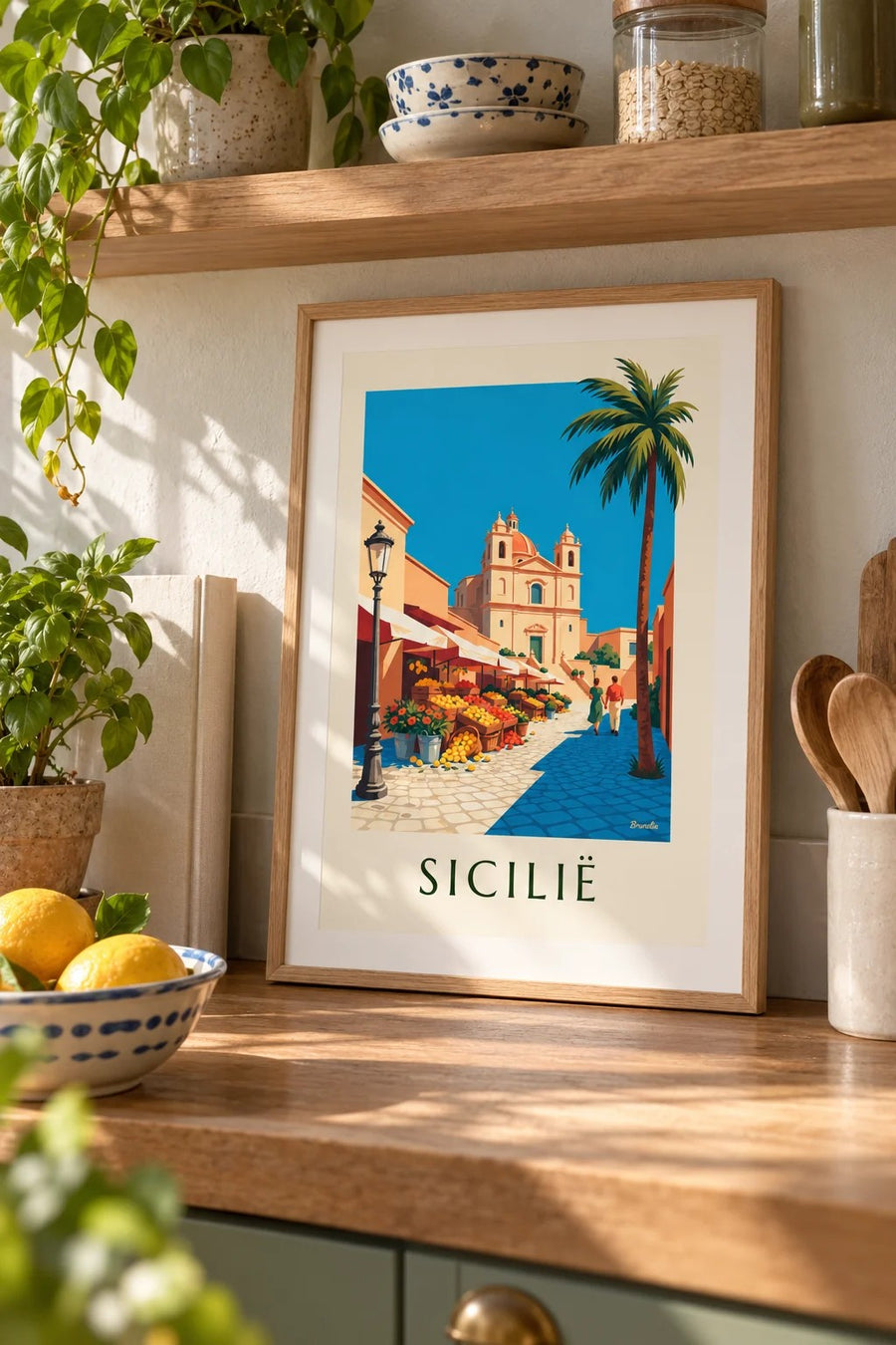 Poster Siciliaanse markt met citroenen, sinaasappels en bloemen: klein formaat A4 ingelijst