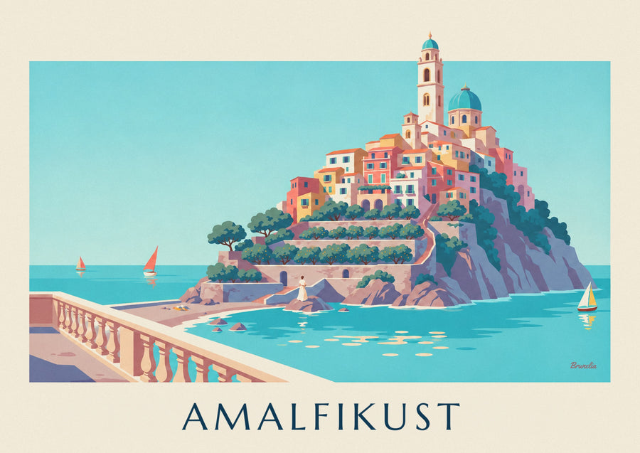 Poster Amalfikust, kleurrijke huizen en turquoise baai