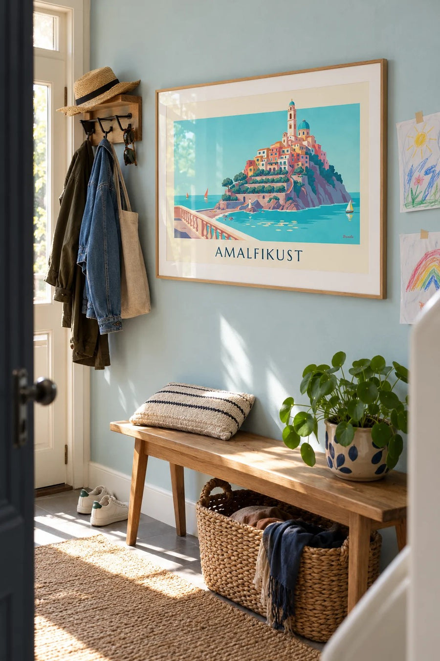 Poster Amalfikust, kleurrijke huizen en turquoise baai: ingelijst aan de muur
