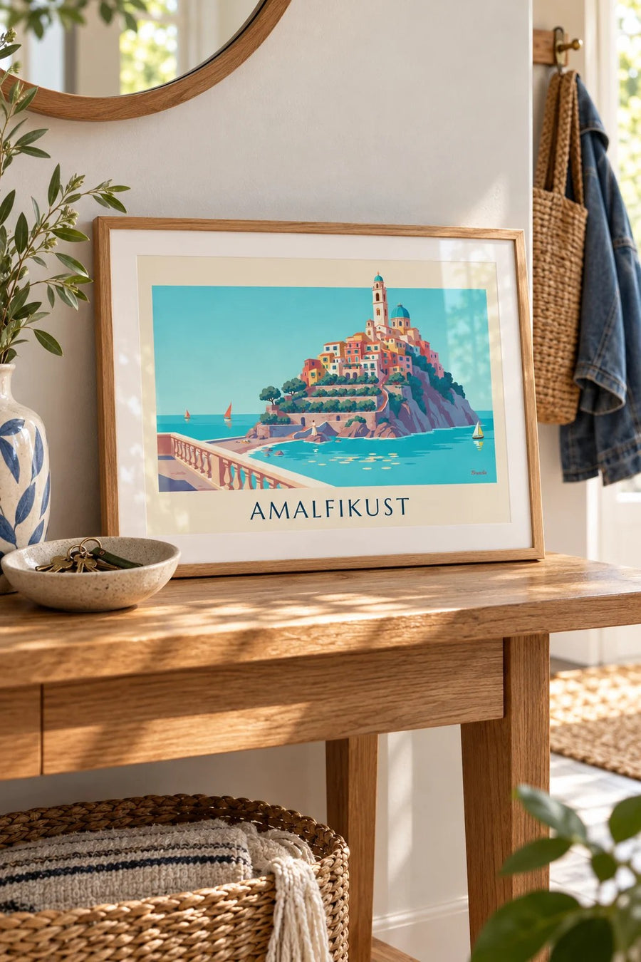 Poster Amalfikust, kleurrijke huizen en turquoise baai: klein A4-formaat, ingelijst