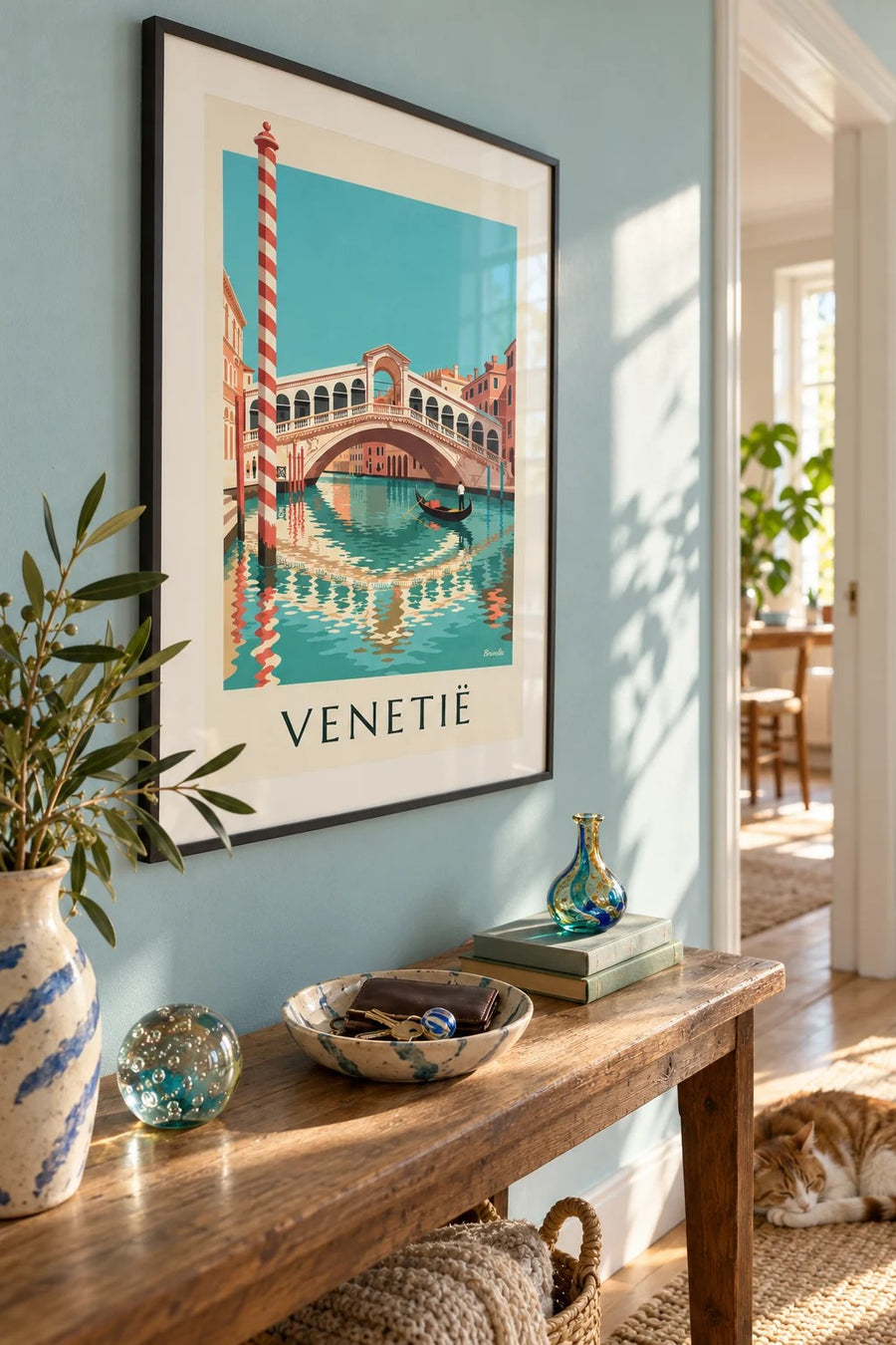 Poster Rialtobrug en gondel op het Canal Grande in Venetië: ingelijst aan de muur