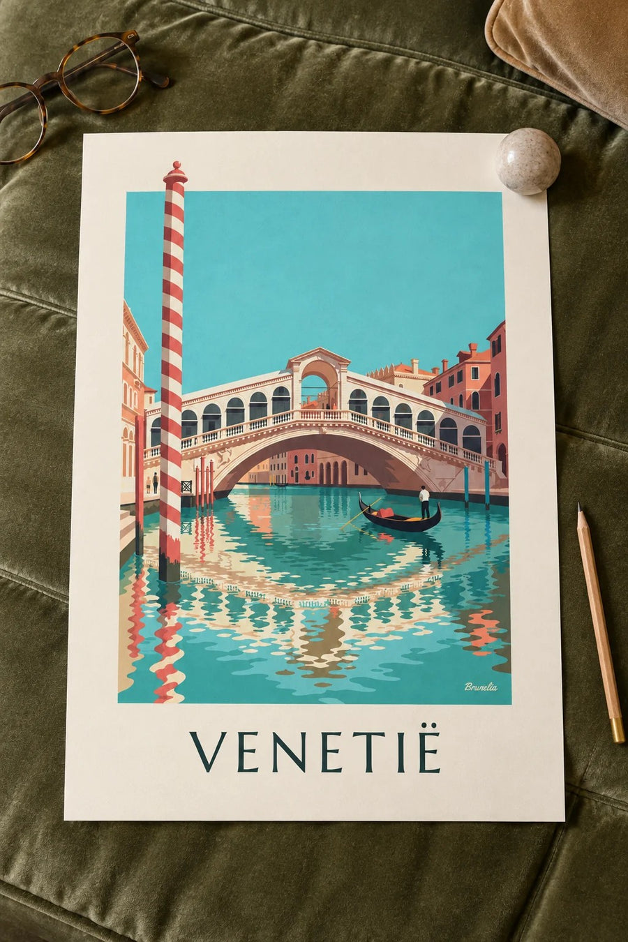 Poster Rialtobrug en gondel op het Canal Grande in Venetië: plat op een tafel