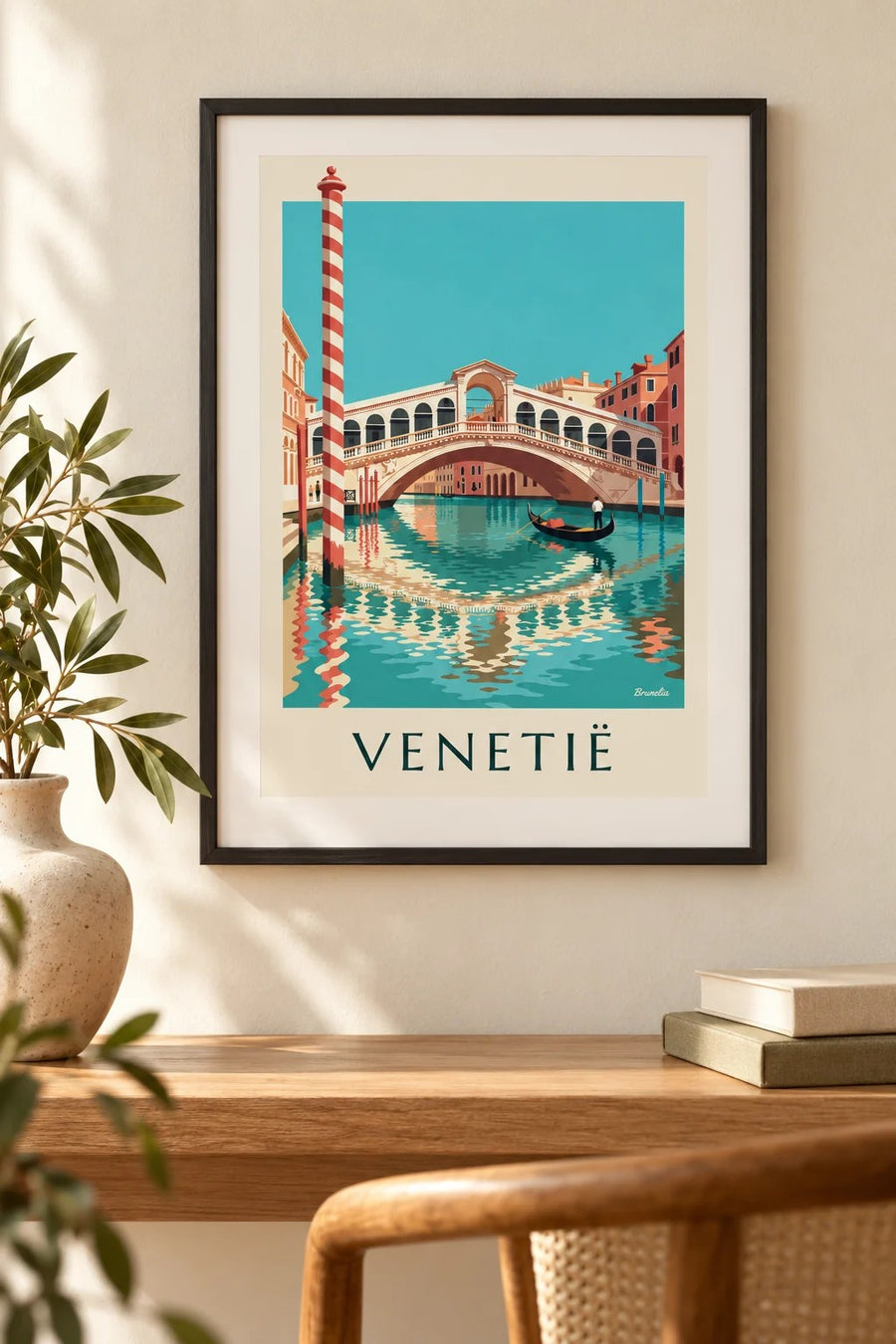Poster Rialtobrug en gondel op het Canal Grande in Venetië: klein A4-formaat, ingelijst