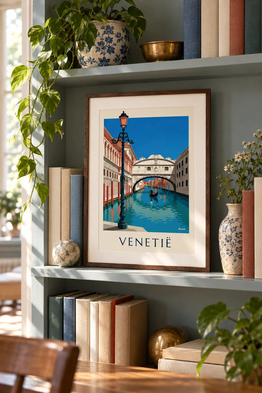 Poster gondel onder de Brug der Zuchten in Venetië: klein A4-formaat, ingelijst