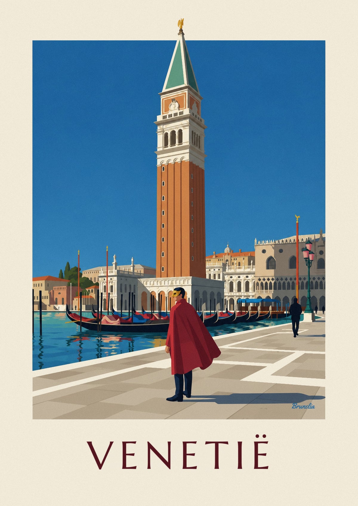 Poster gemaskerde man in rode cape voor de campanile van San Marco