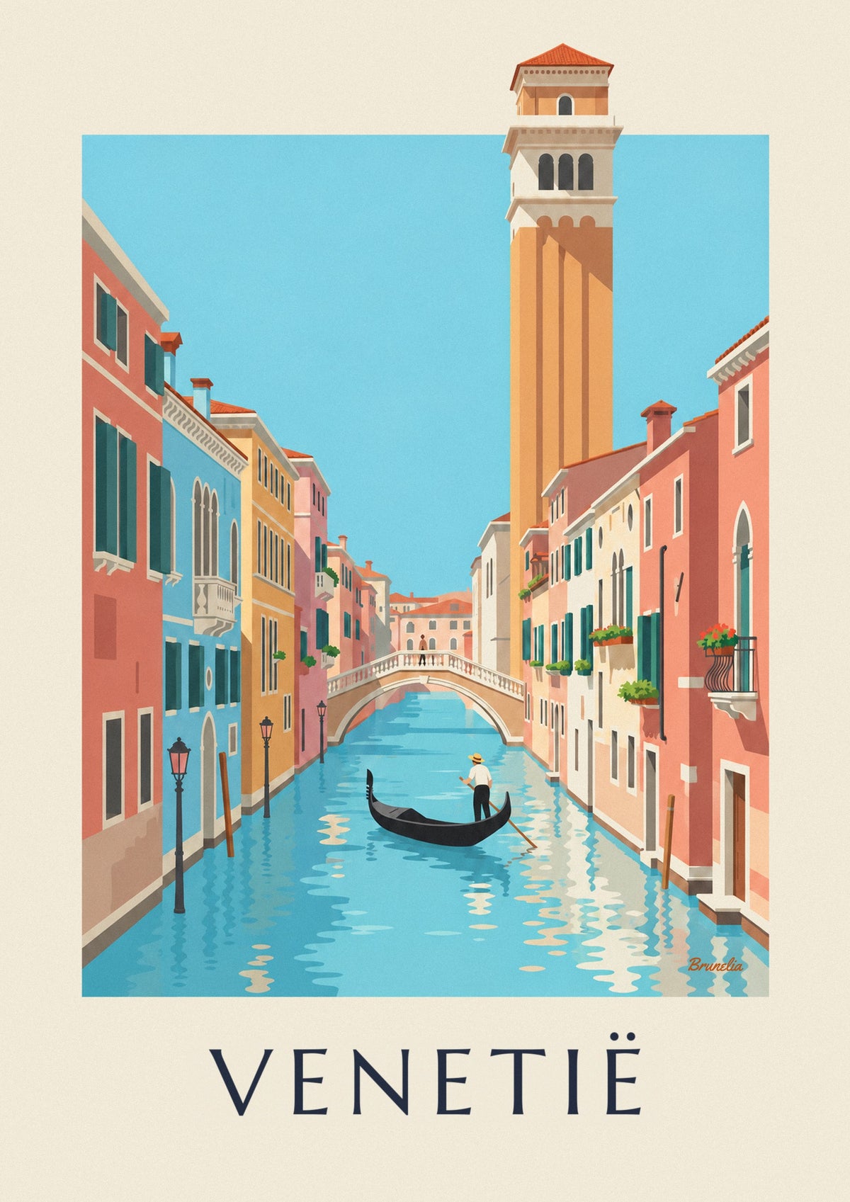 Poster gondelier op een kanaal in Venetië