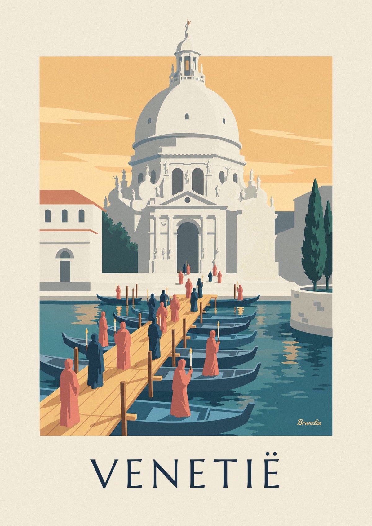 Poster pelgrims op de bootbrug naar de Salute in Venetië
