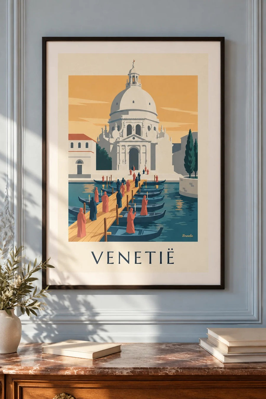 Poster pelgrims op de bootbrug naar de Salute in Venetië: ingelijst aan de muur