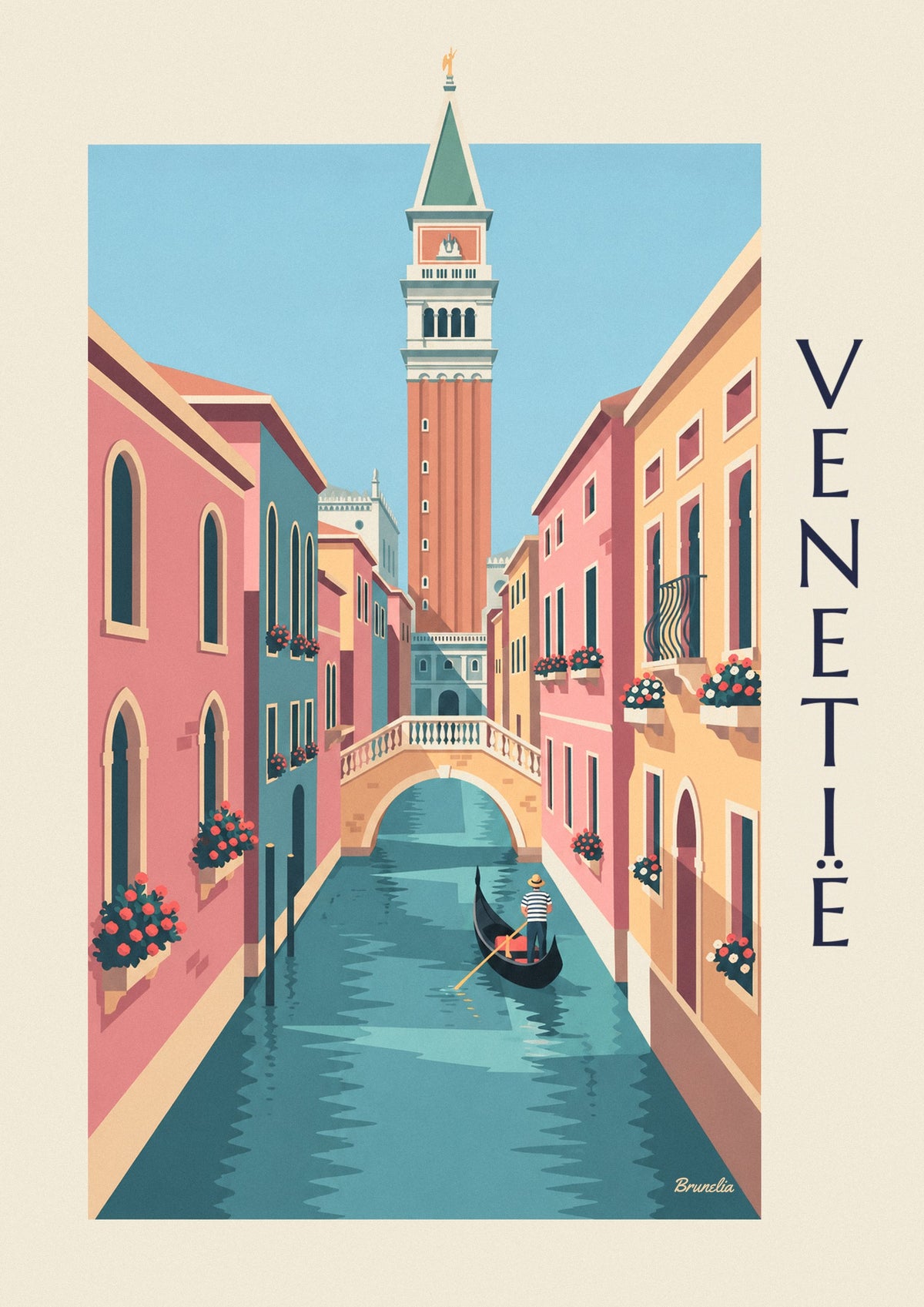 Poster gondelier op een klein kanaal onder de Campanile van Venetië