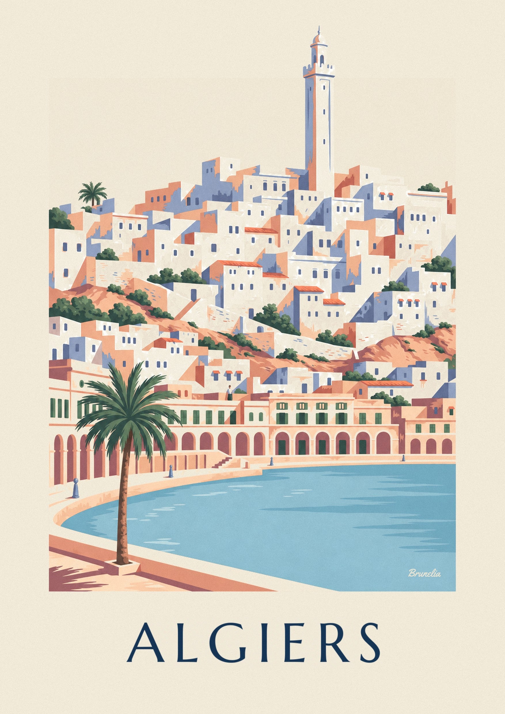 Poster witte casbah van Algiers en boulevard met arcades langs de zee: detail in close-up