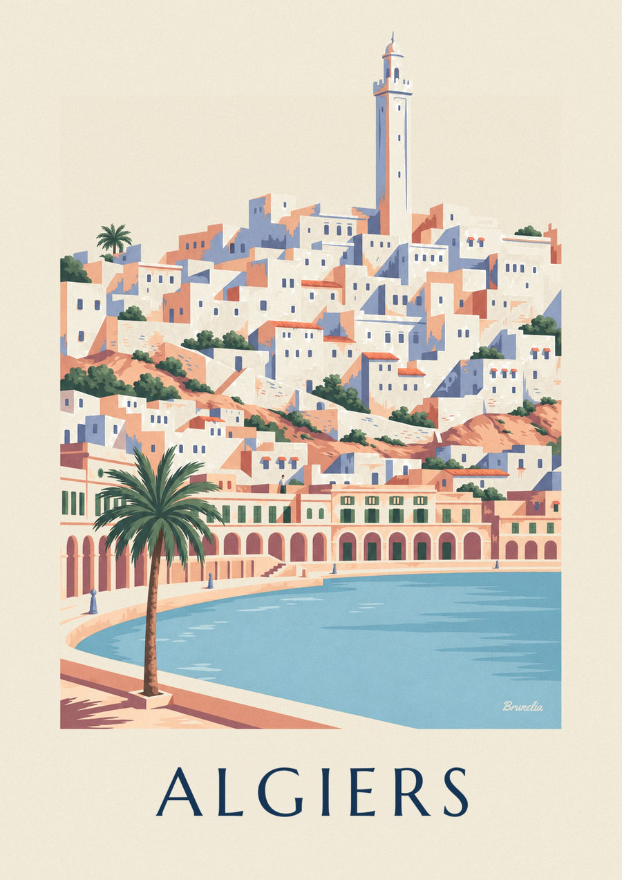Poster witte casbah van Algiers en boulevard met arcades langs de zee
