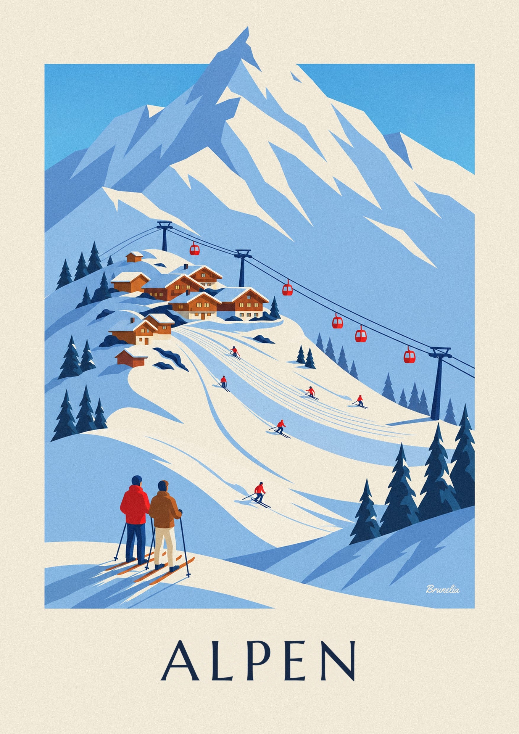 Poster skidorp in de Franse Alpen en gondel: detail in close-up