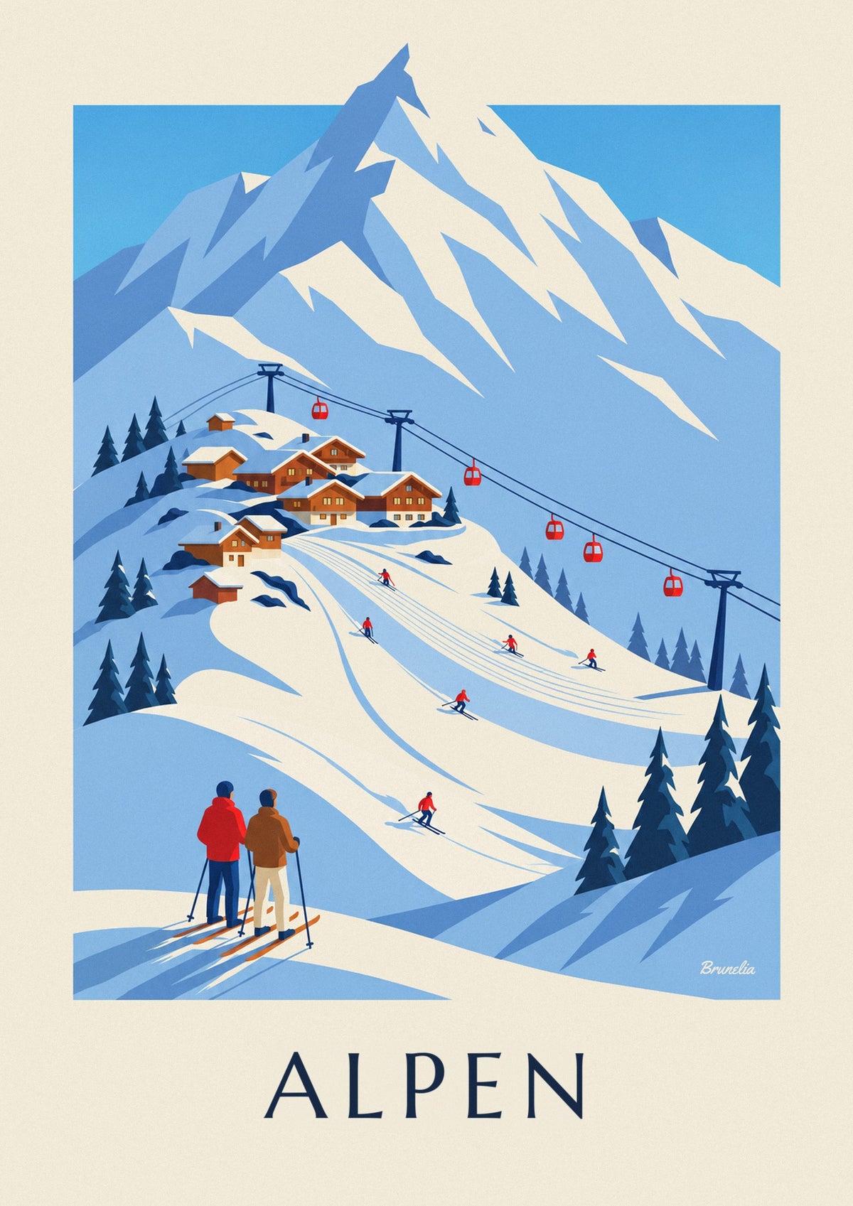 Poster skidorp in de Franse Alpen en gondel