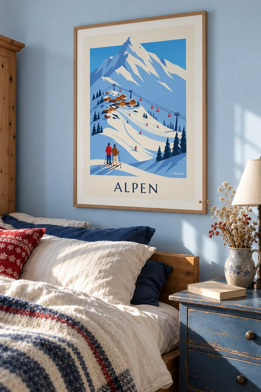 Poster skidorp in de Franse Alpen en gondel: ingelijst aan de muur