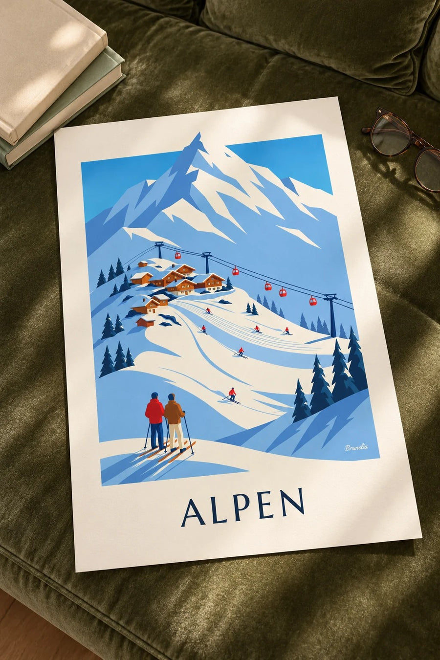 Poster skidorp in de Franse Alpen en gondel: op een tafel