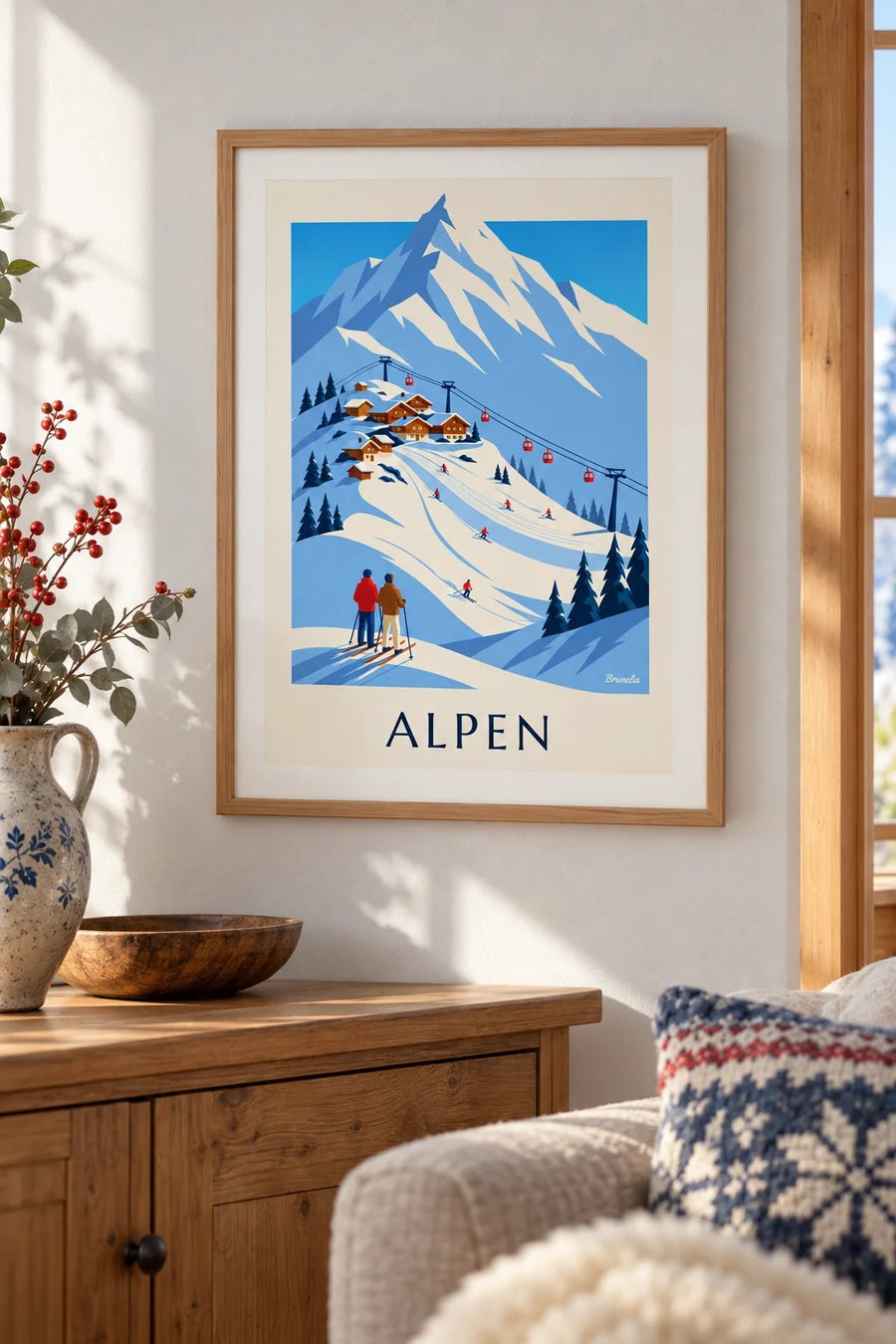 Poster skidorp in de Franse Alpen en gondel: klein formaat A4 in lijst