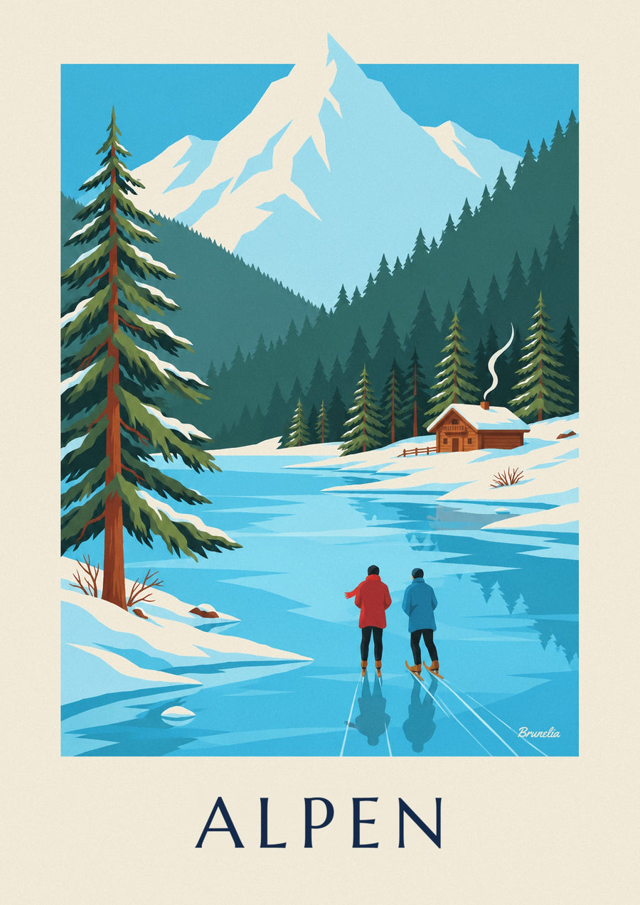 Poster schaatsers op een bevroren meer aan de voet van besneeuwde Alpen