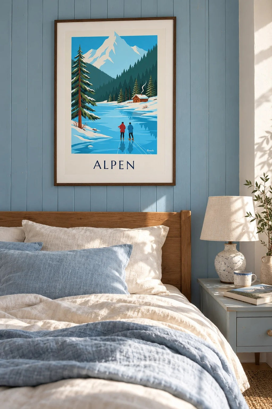 Poster schaatsers op een bevroren meer aan de voet van besneeuwde Alpen: ingelijst aan de muur