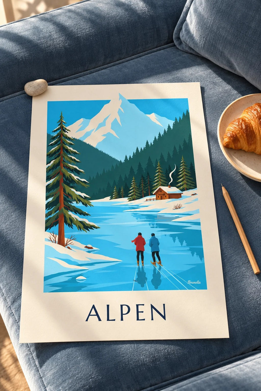 Poster schaatsers op een bevroren meer aan de voet van besneeuwde Alpen: plat op een tafel
