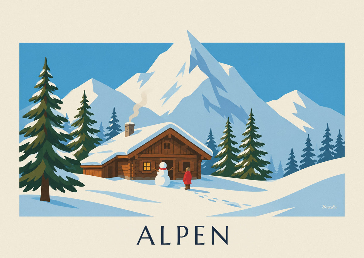 Poster besneeuwd chalet en sneeuwpop in de Alpen