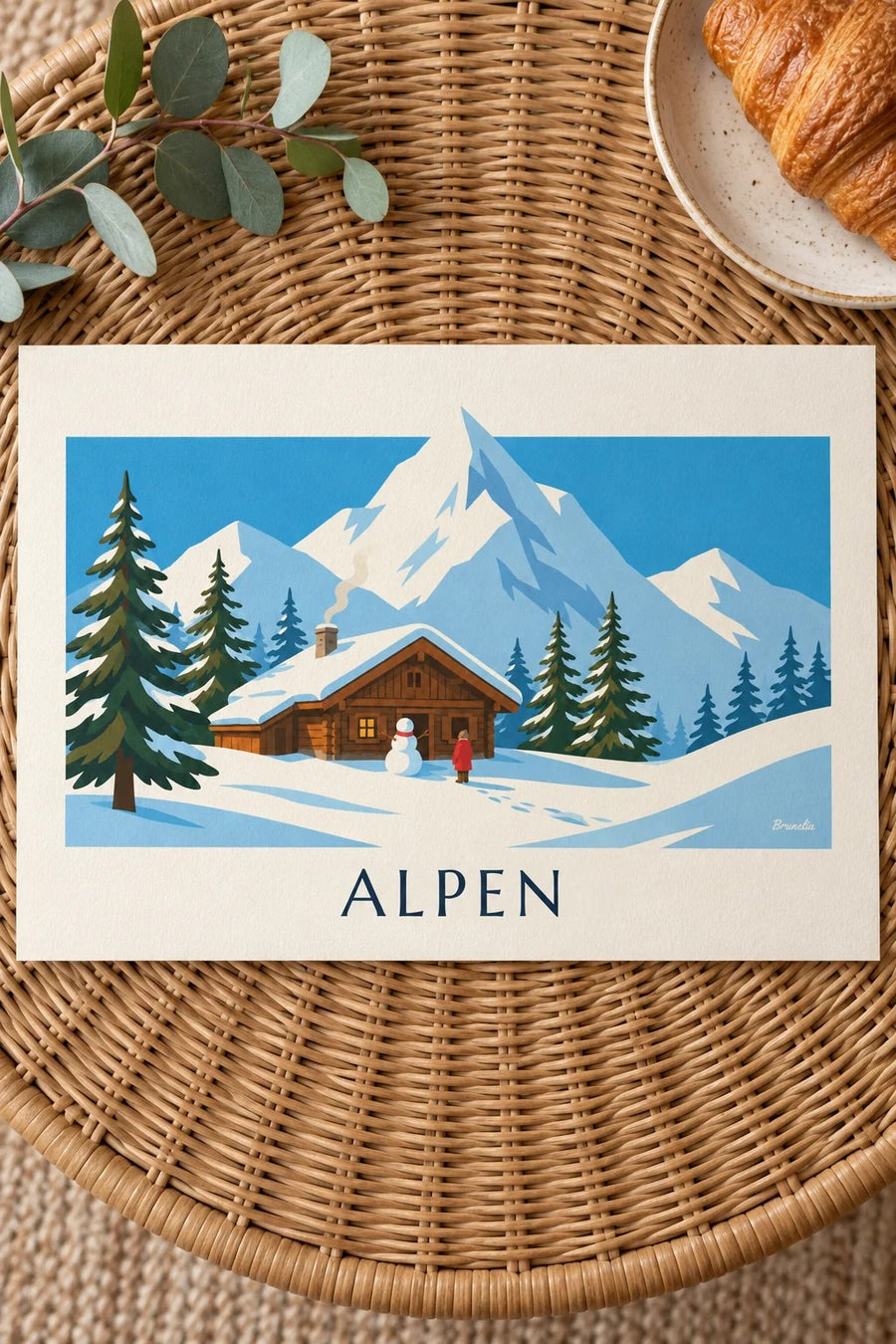 Poster besneeuwd chalet en sneeuwpop in de Alpen: op een tafel