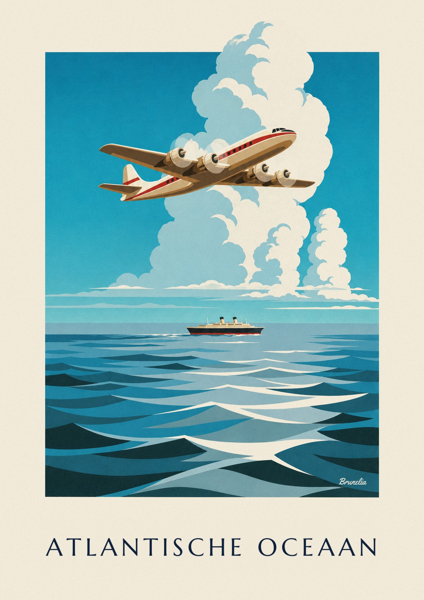 Poster viermotorig vliegtuig boven de Atlantische Oceaan: detail in close-up