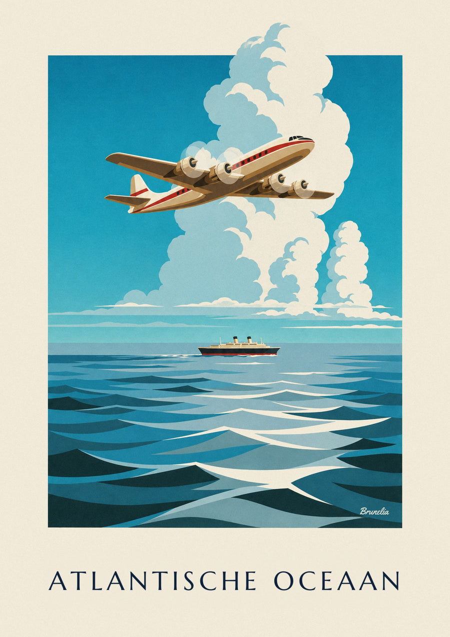 Poster viermotorig vliegtuig boven de Atlantische Oceaan