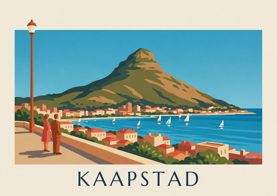 Poster Kaapstad, Lion's Head en baai met zeilboten vanaf de boulevard
