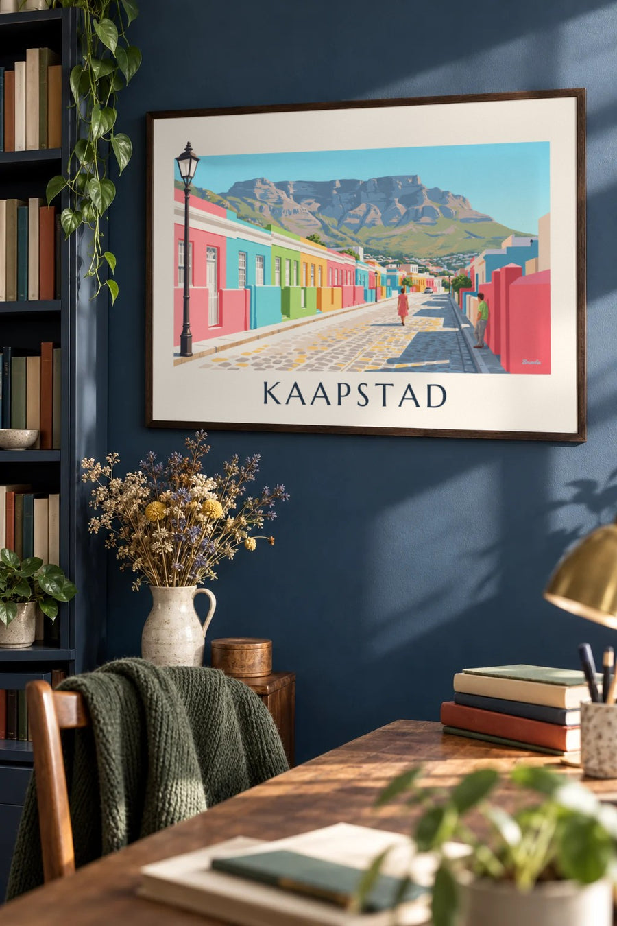 Poster kleurrijke huizen van Bo-Kaap in Kaapstad en Tafelberg: ingelijst aan de muur