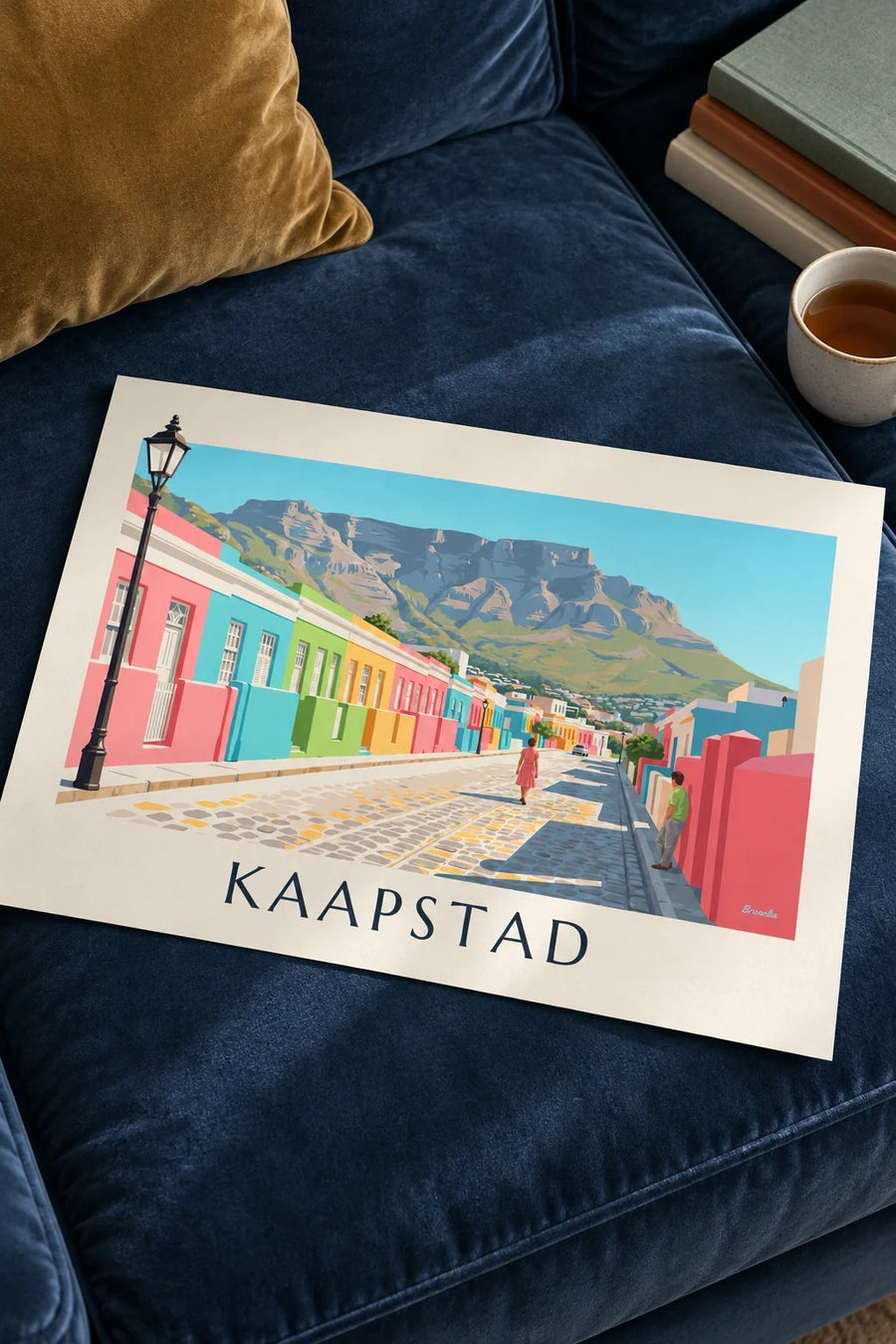 Poster kleurrijke huizen van Bo-Kaap in Kaapstad en Tafelberg: klein A4-formaat in lijst