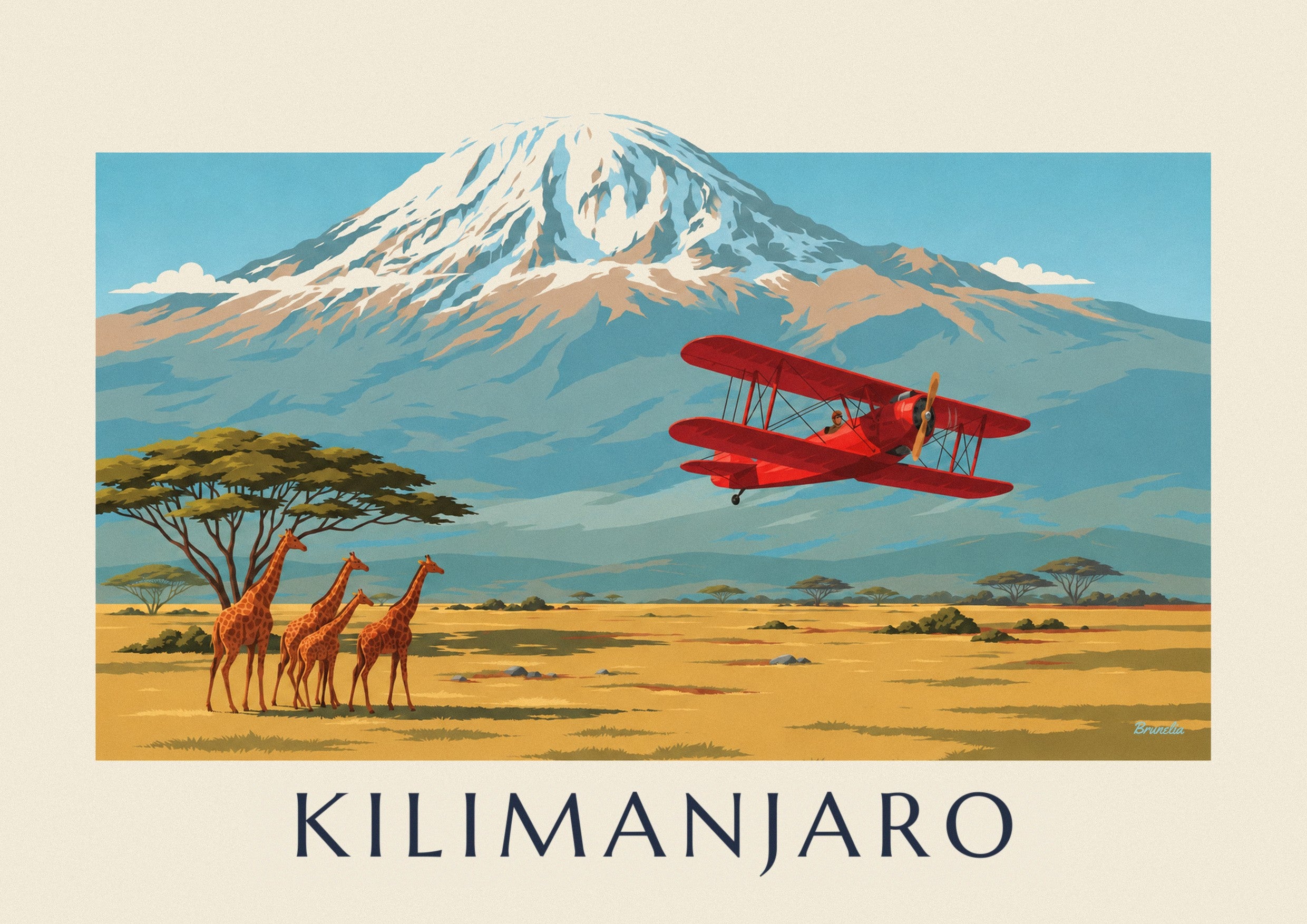 Poster dubbeldekker boven de savanne en de Kilimanjaro: detail in close-up
