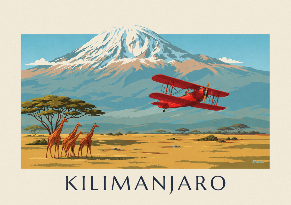 Poster dubbeldekker boven de savanne en de Kilimanjaro