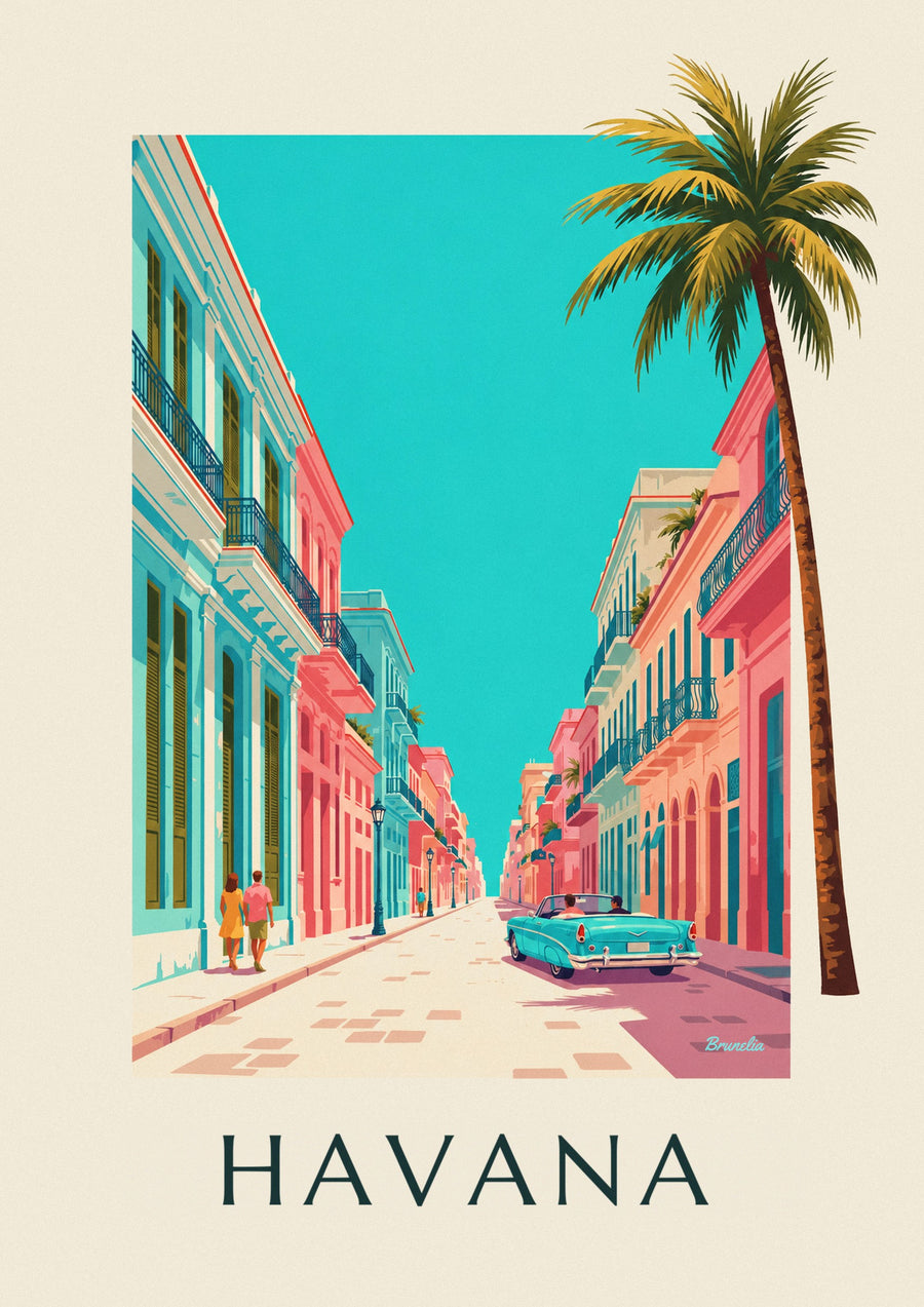 Poster turquoise Amerikaanse cabrio in Havana