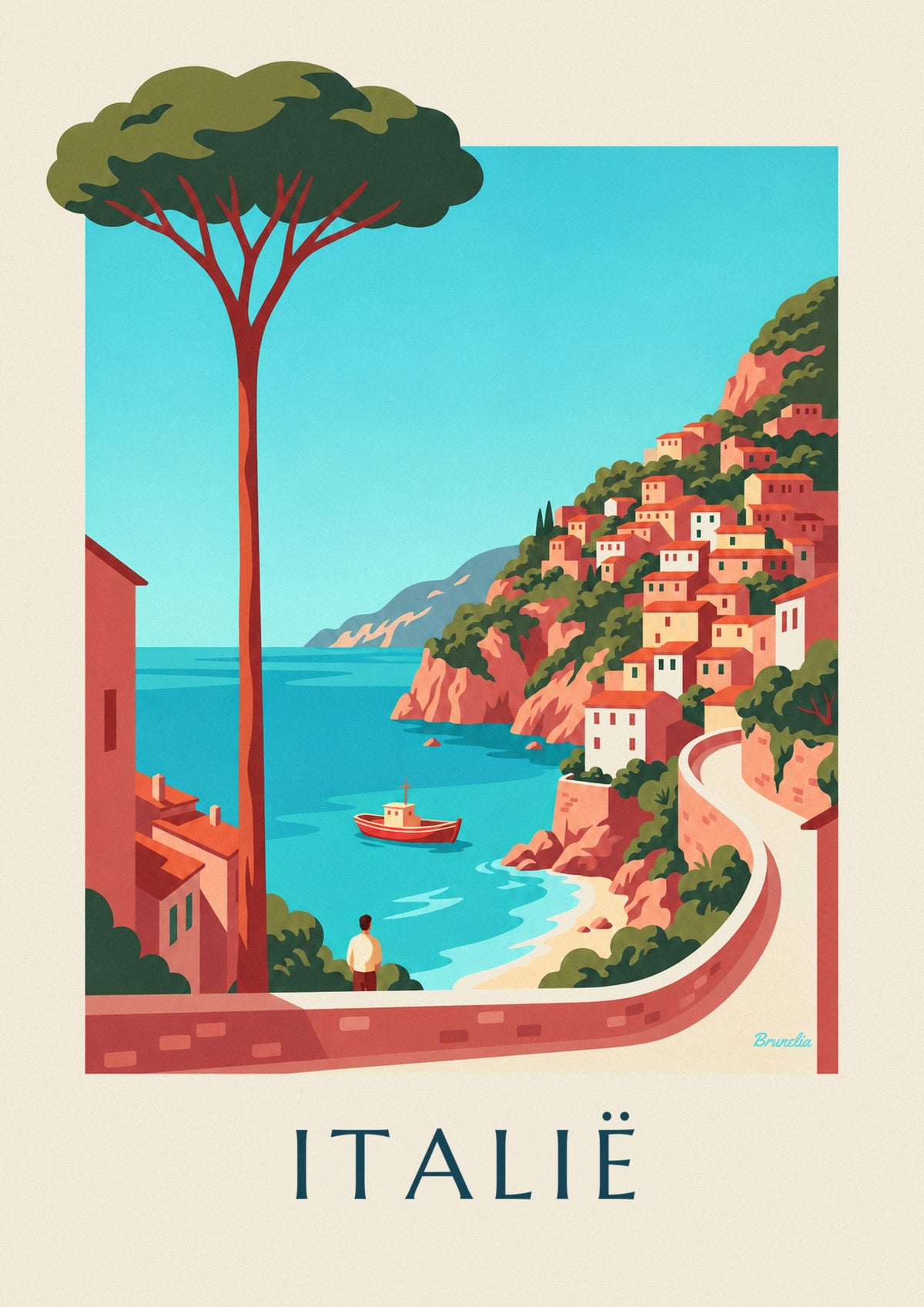 Poster Italiaanse kust, pastelkleurige dorpjes op de kliffen