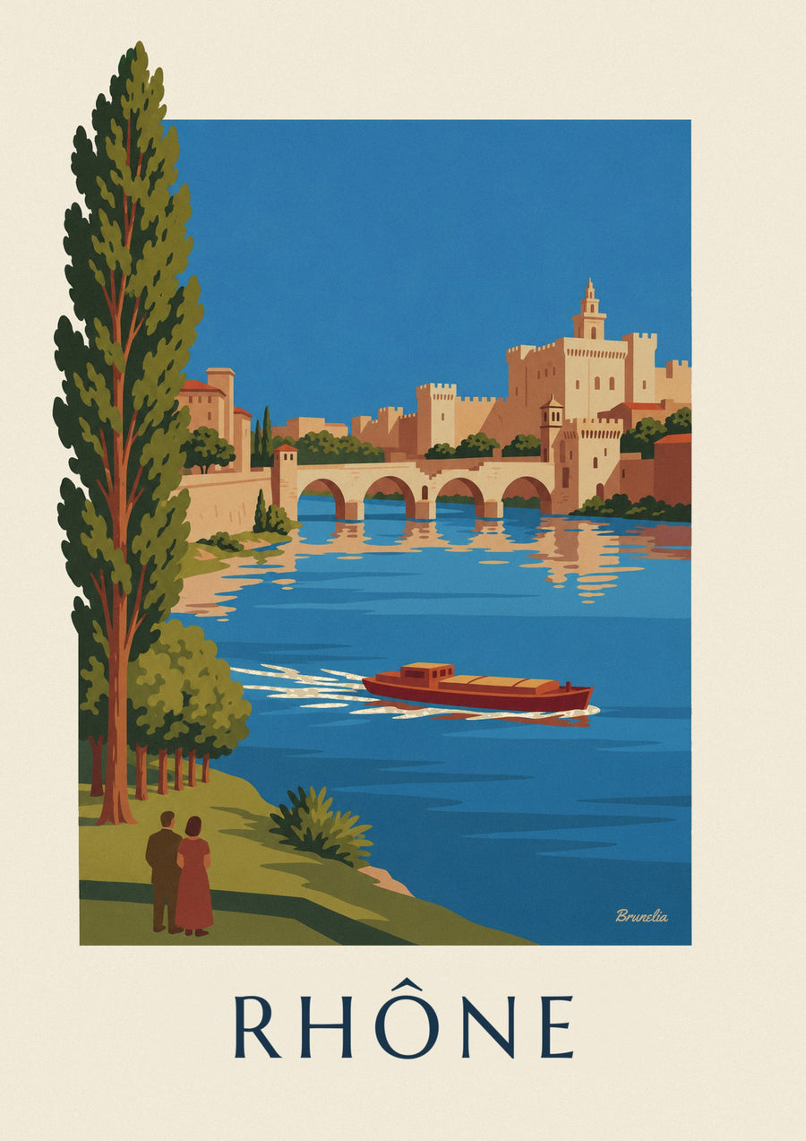Poster binnenvaartschip op de Rhône voor de brug van Avignon