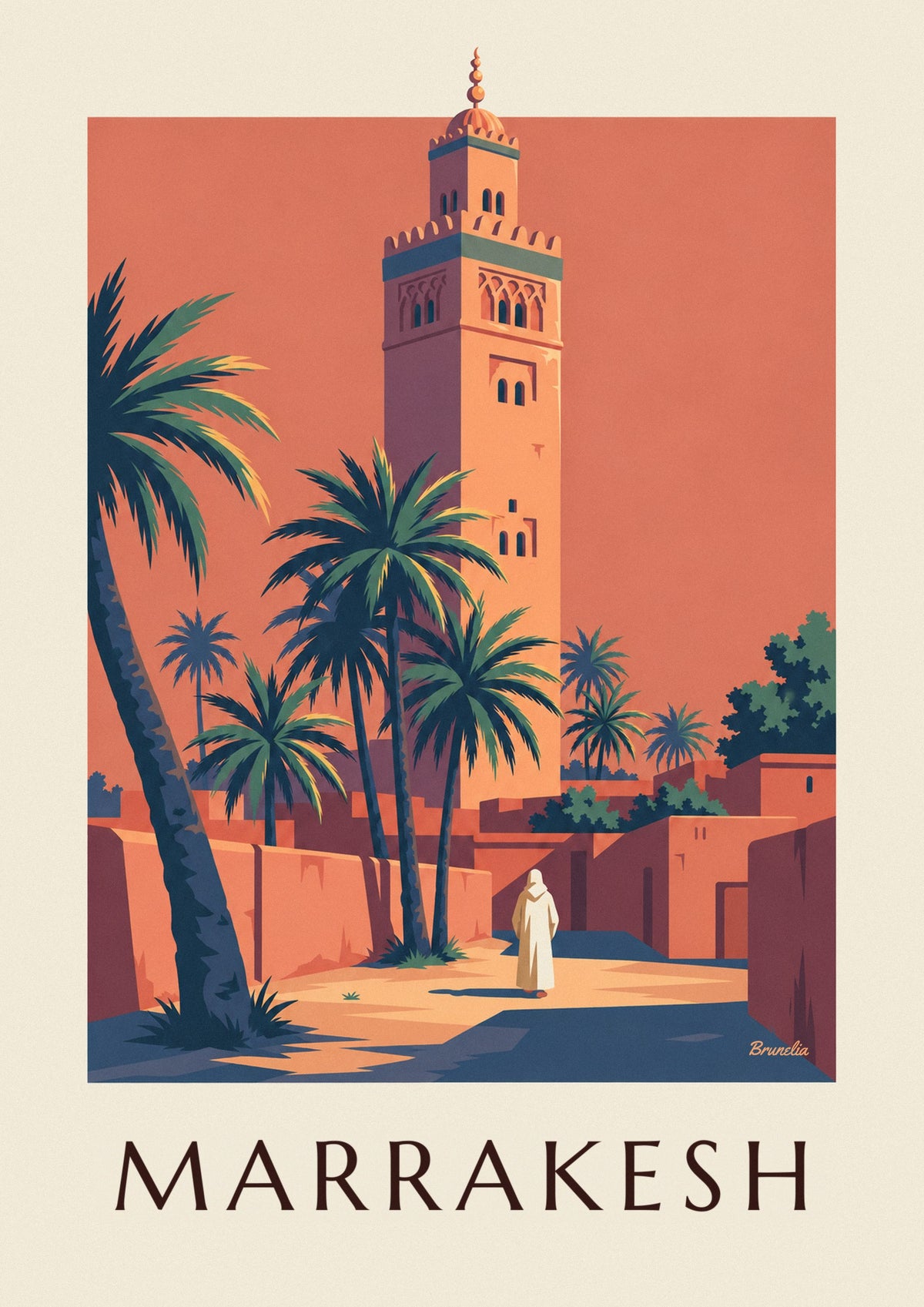 Poster verlichte minaret van de Koutoubia bij zonsondergang in Marrakesh