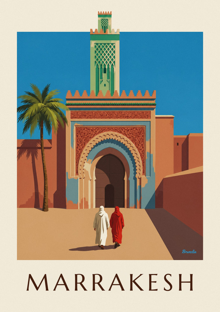 Poster poort Bab Agnaou en minaret in Marrakesh