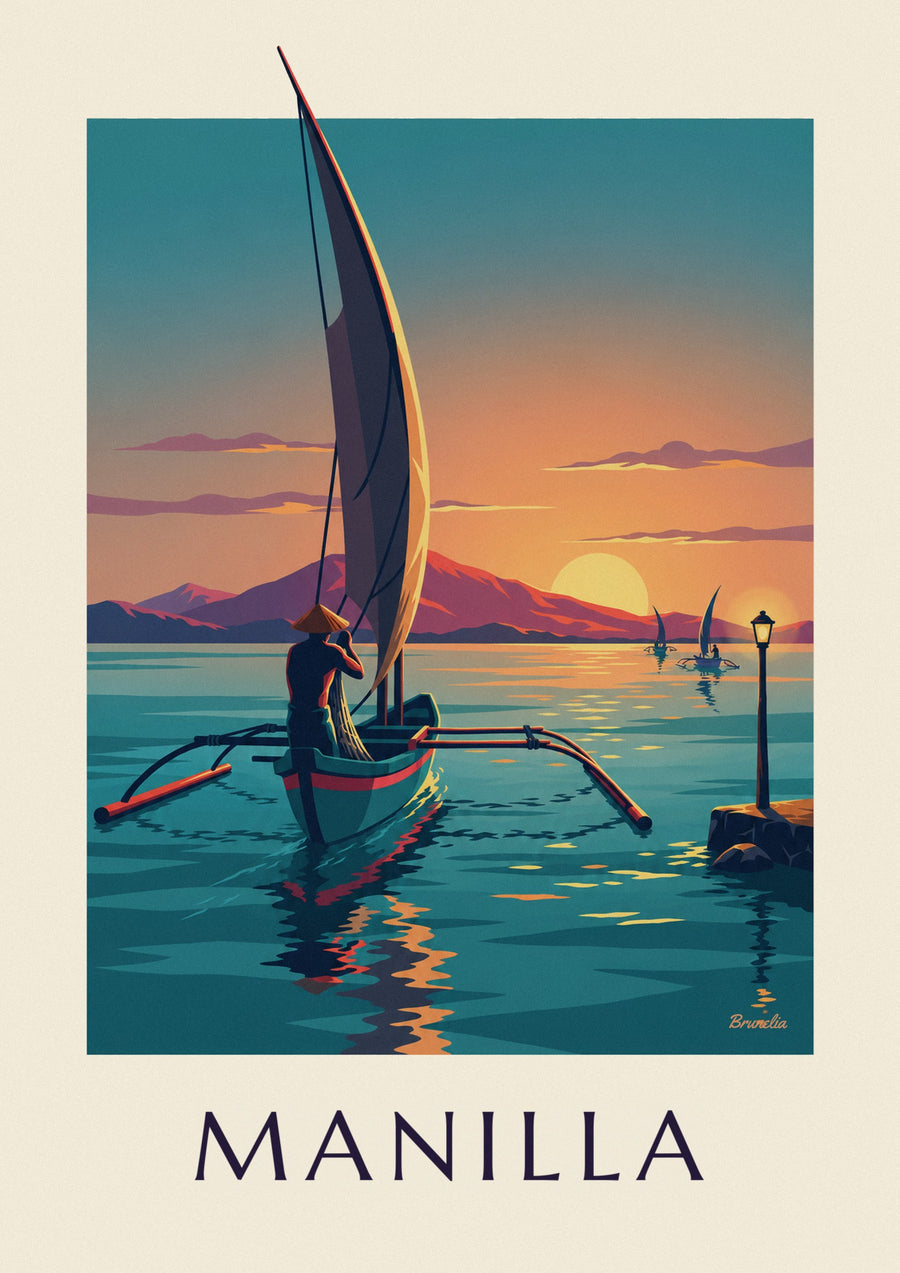 Poster bangka in de baai van Manilla bij zonsondergang