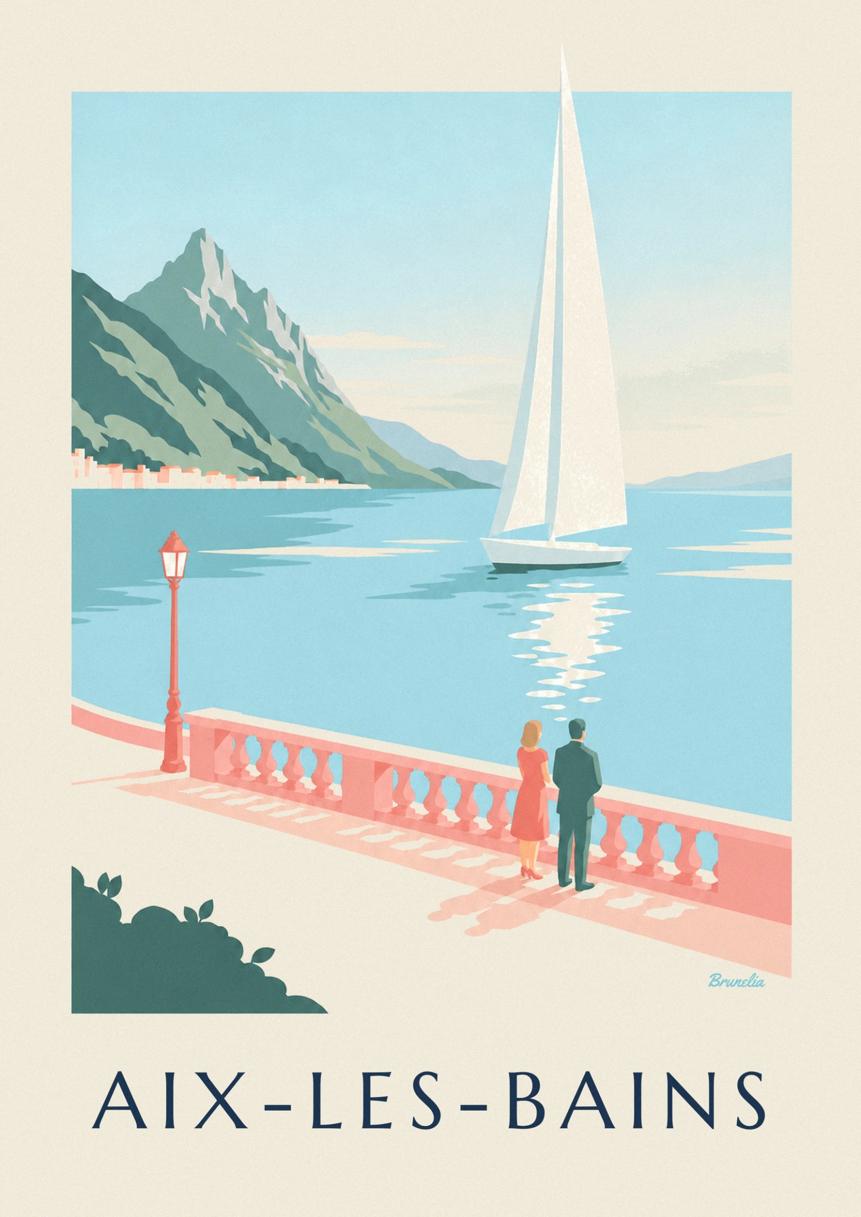 The white sailing boat with its tall sail gliding across the blue lake, with mountains beyond