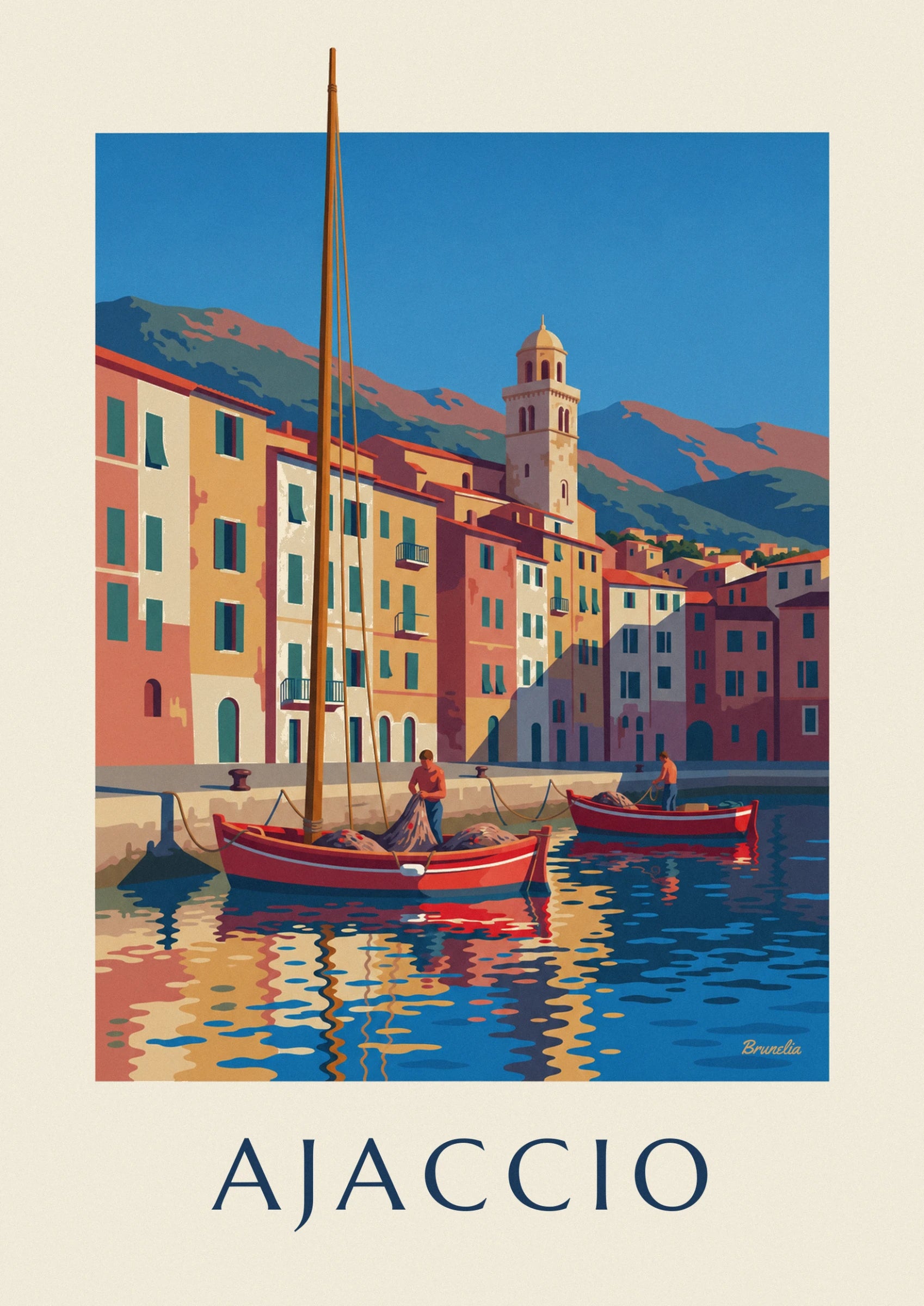 The bare-chested fisherman lifting his net in his red boat below the façades