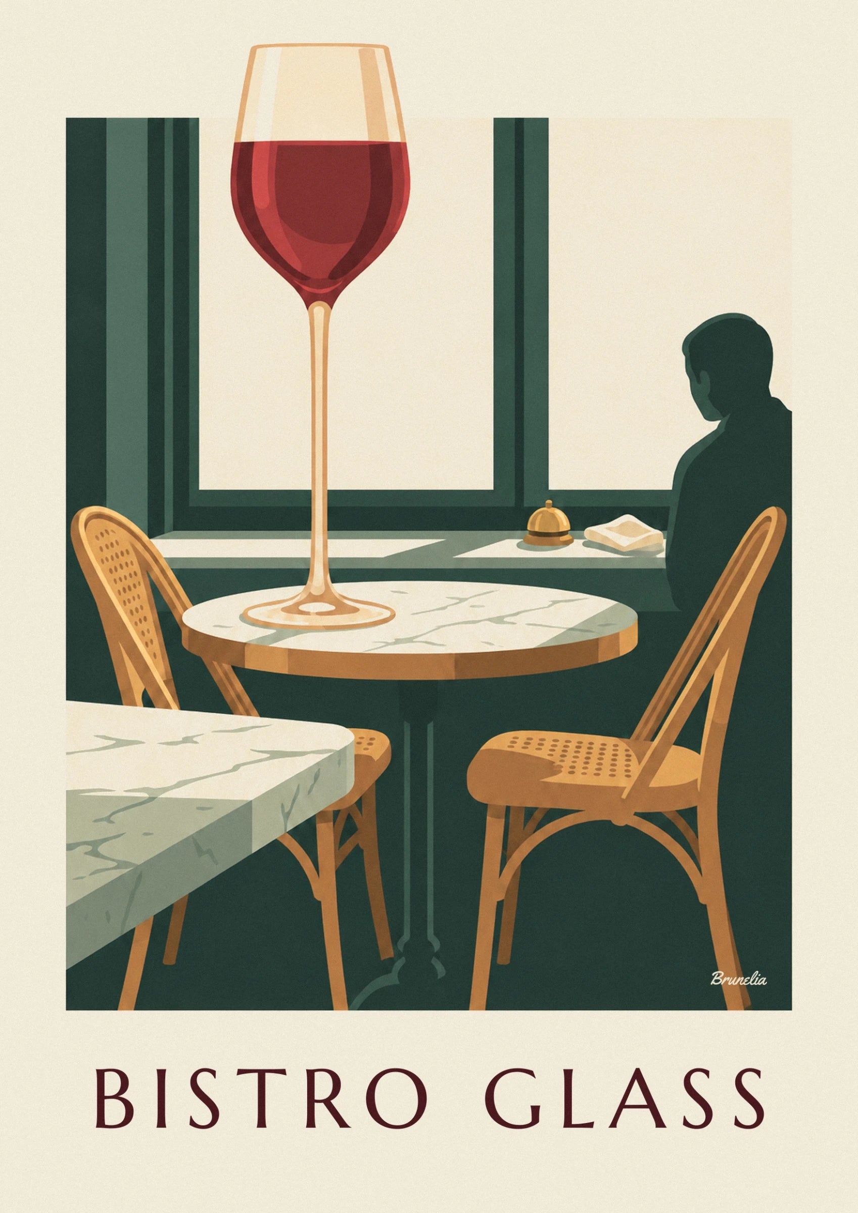 Un verre de vin rouge au long pied doré devant les boiseries vertes du bistrot