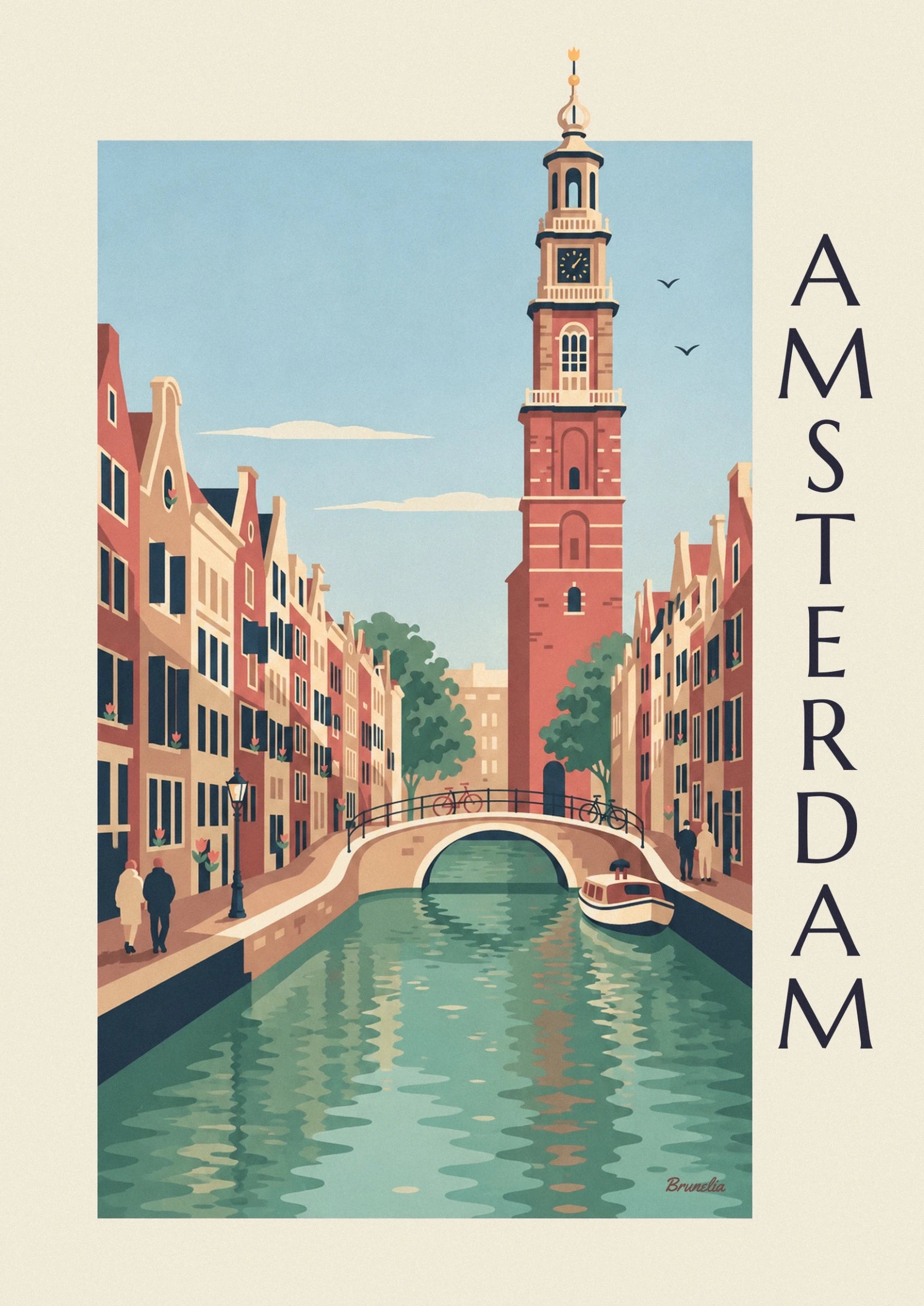 The red brick tower and its clock, with 2 birds in the blue sky