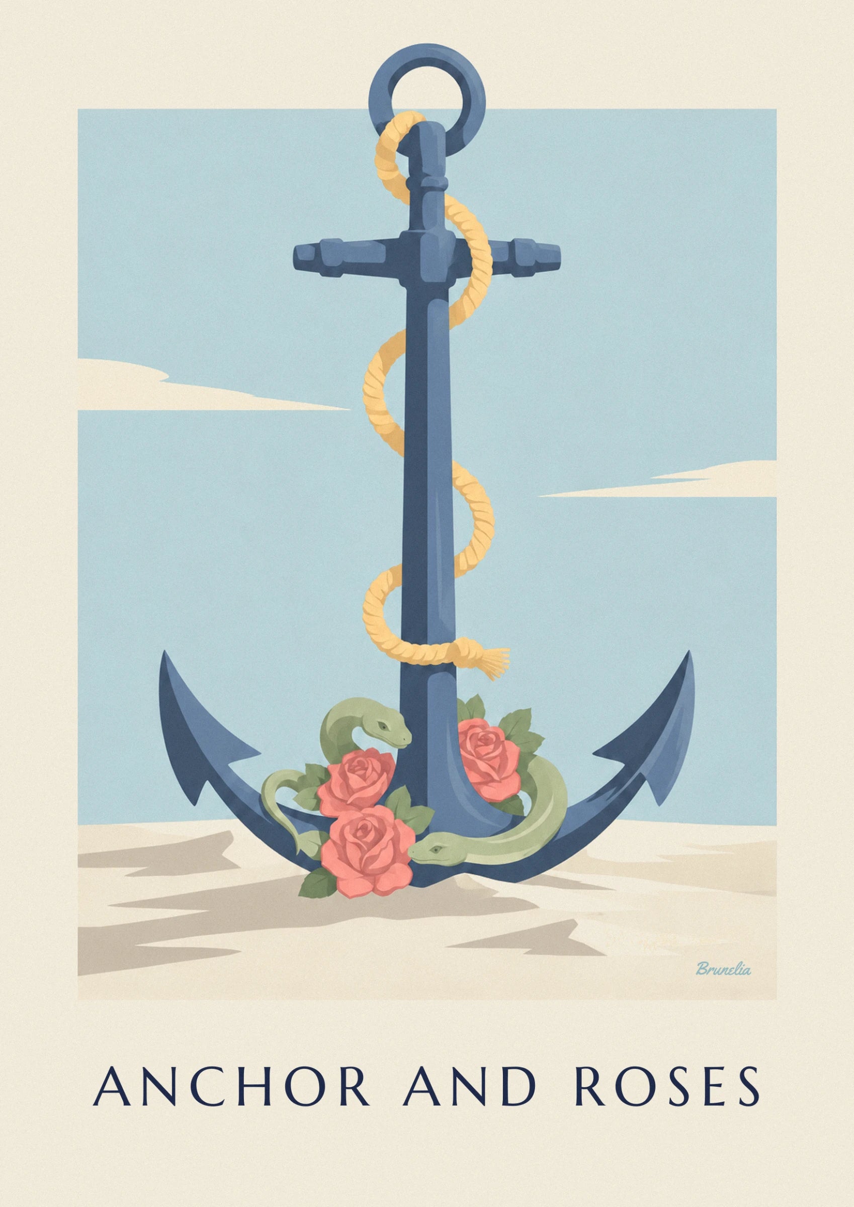 De 3 rode rozen en 2 groene slangen opgerold aan de voet van het blauwe anker op het zand
