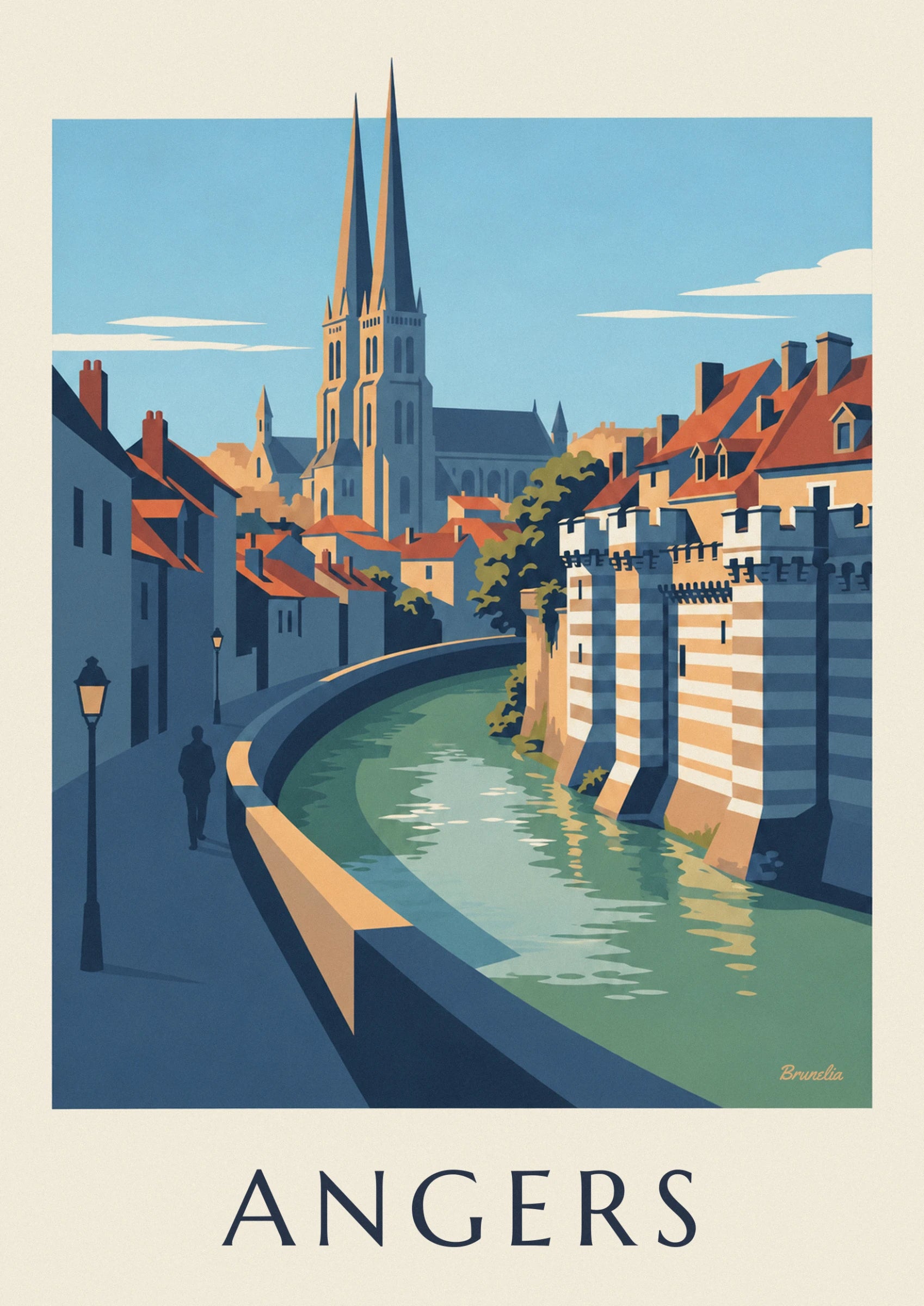 Les 2 hautes flèches de la cathédrale au-dessus des toits orangés et du ciel bleu
