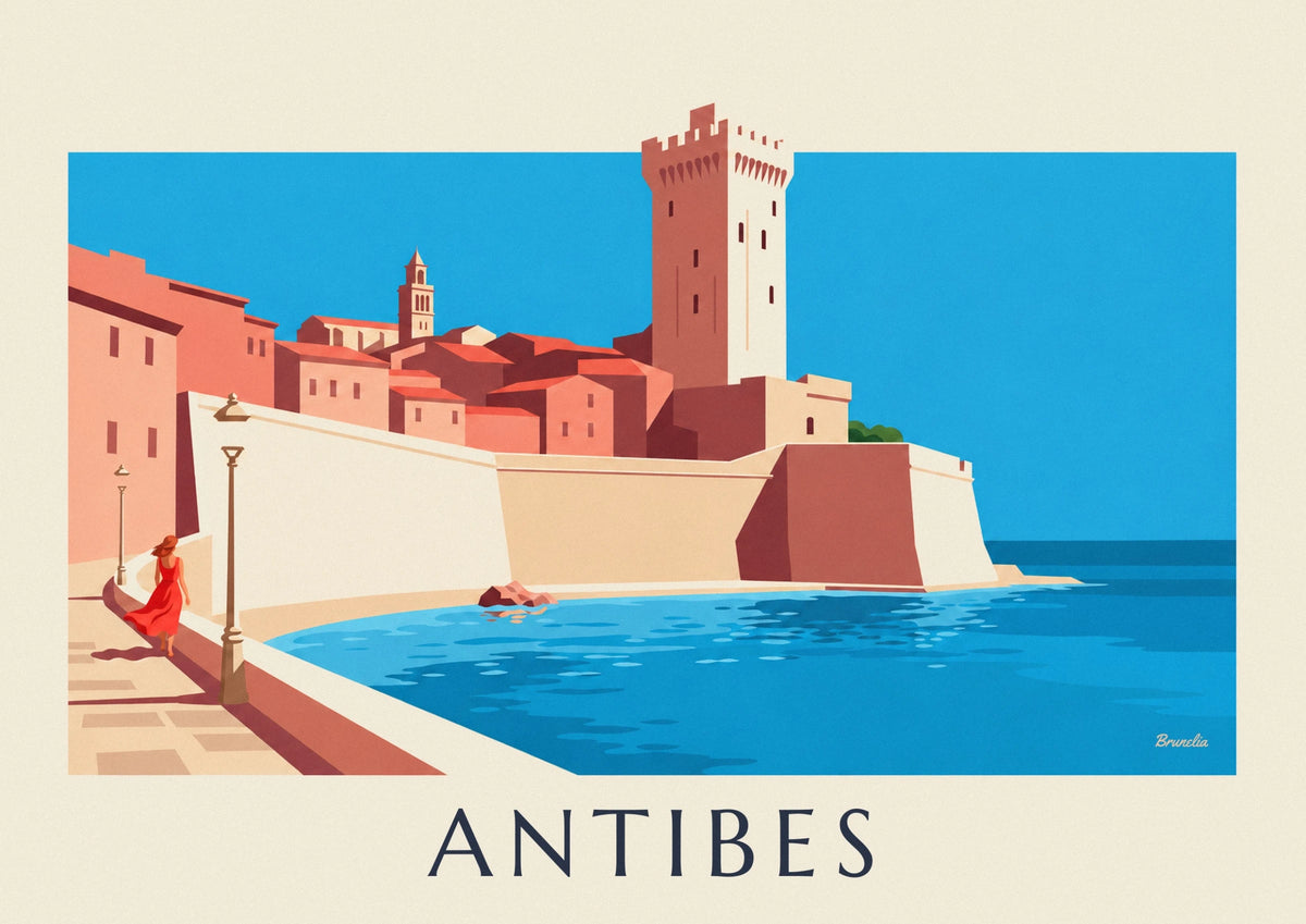 Affiche remparts d’Antibes, château Grimaldi et silhouette de femme