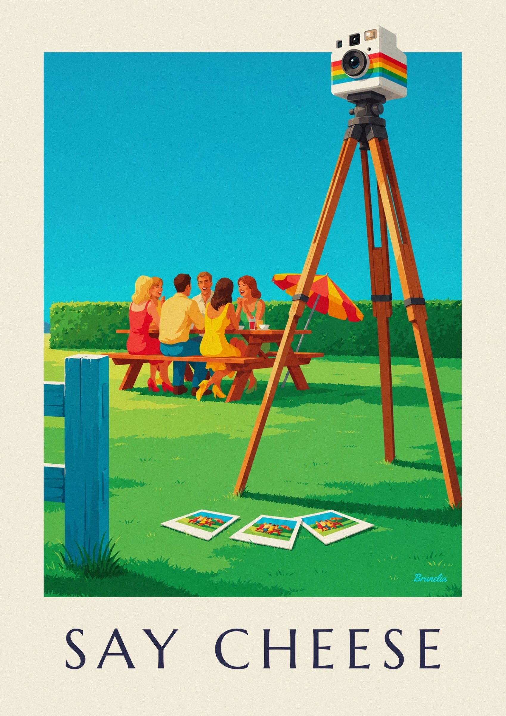 The white camera with rainbow stripes on its wooden tripod