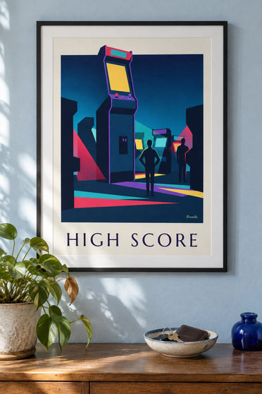 Poster van een speelhal vol neonlicht: ingelijst aan de muur